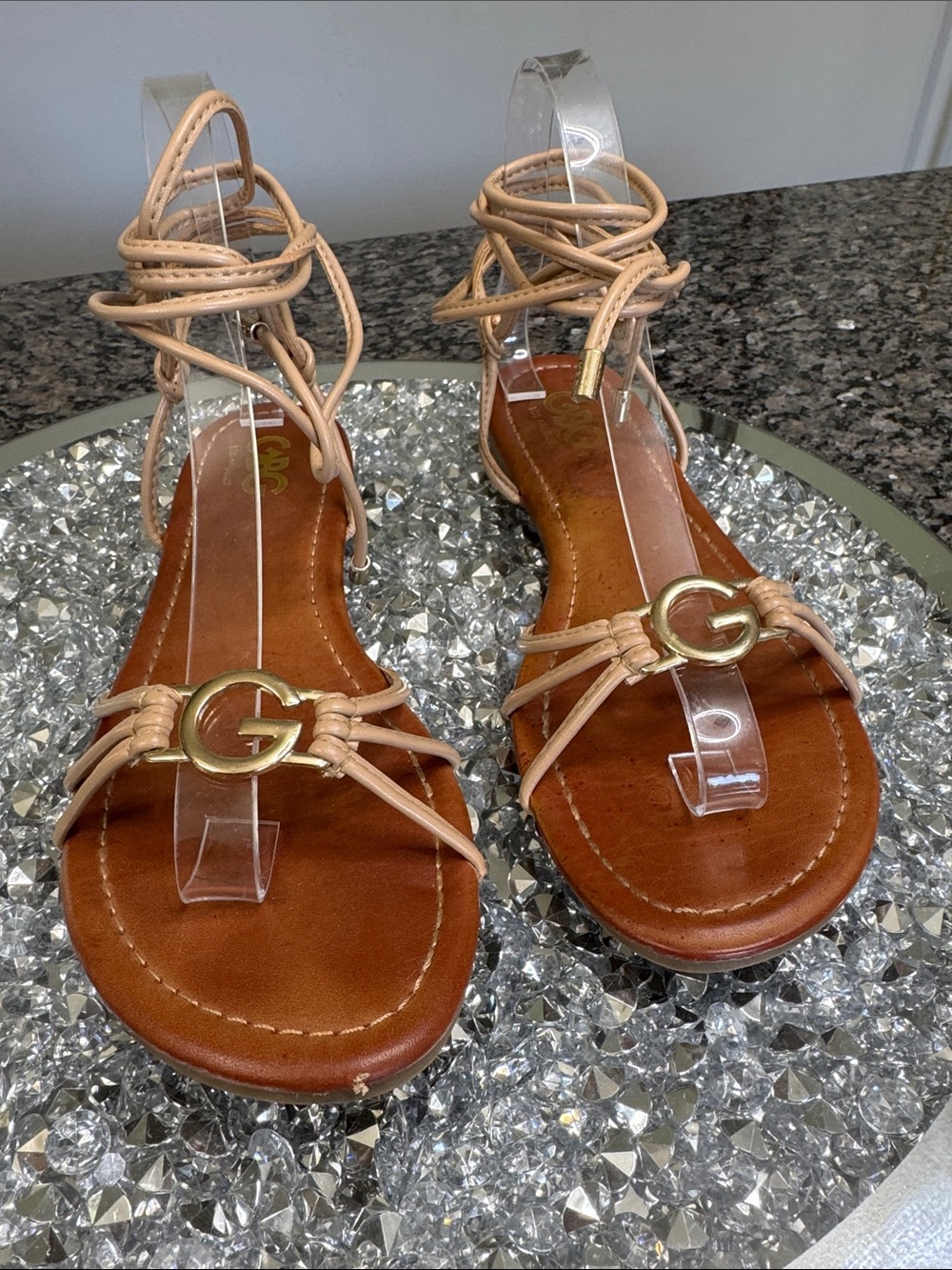 GBG Los Angeles Beige Lace-Up ankle strap Sandals with Gold G Emblem - Picture 6 of 10